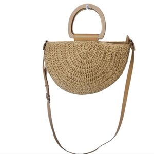 Sonoma Tan Paper Woven Handbag with Wooden Handle And Vegan Leather Strap
